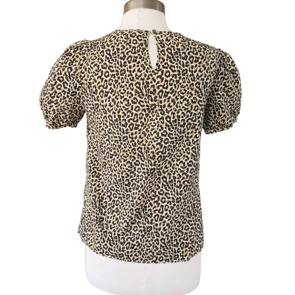 J CREW Leopard Puff-sleeve Top XS (runs big)  Stretch Cotton Poplin Tan Black